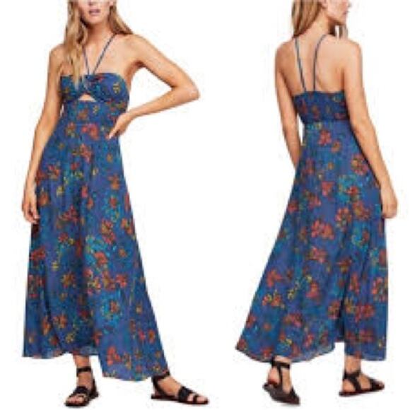 Free People Intimately One Step Ahead Blue Tropical Cut Out Maxi Dress - Picture 1 of 9